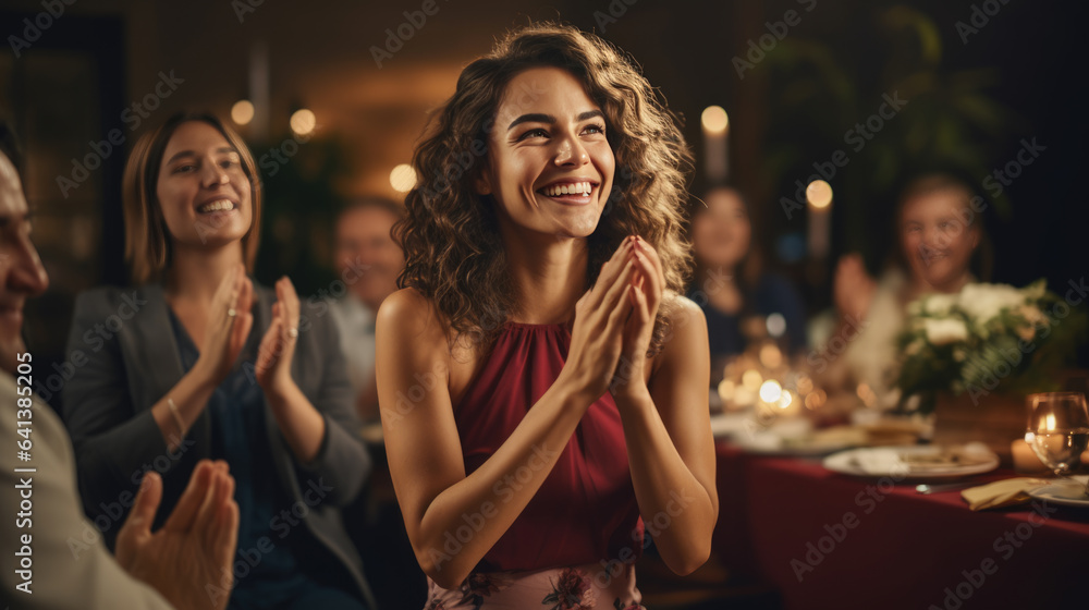 Young beautiful woman claps her hands at a restaurant event.