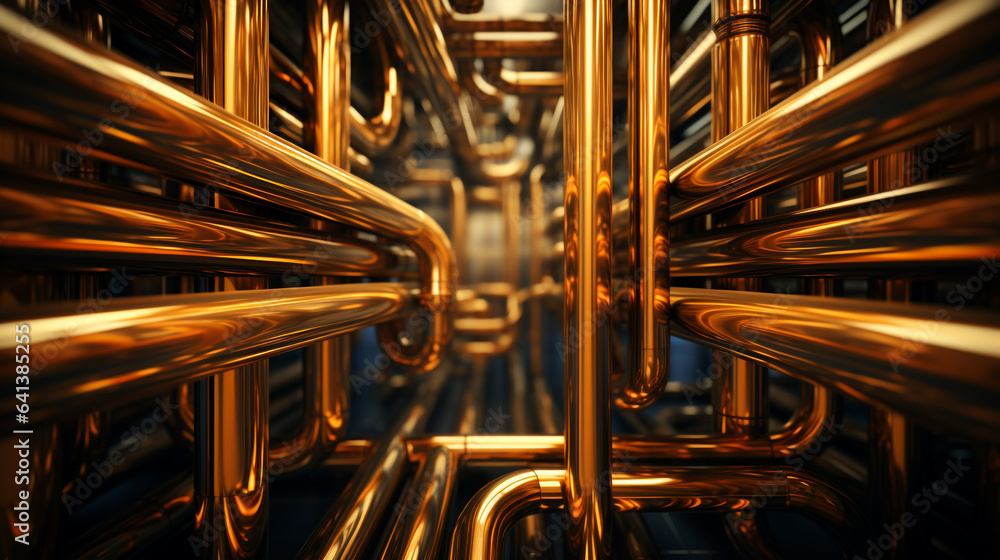 The system and network of gold-plated pipes. These pipes are connected to form a large system.
 - obrazy, fototapety, plakaty 