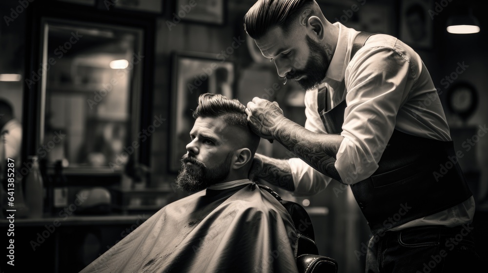 Professional barber styling hair of his client. Generative AI Professional barber styling hair of his client. Generative AI