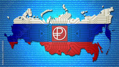 Russian digital ruble vector symbol. Map of Russia in the colors of the state flag and with a computer scheme. Against the background of pixel numbers.