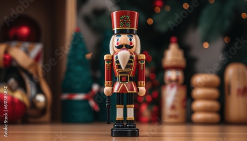 Photo of a nutcracker in front of a beautifully decorated Christmas tree photo