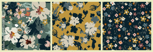 Set of floral seamless patterns with ornamental plants. Creative modern vector for textile decor, design, printing, business