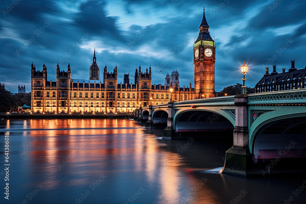 London, United Kingdom. Big Ben and Parliament Building during blue hour.
