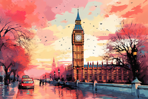 London, United Kingdom. Big Ben and Parliament Building illustration. photo