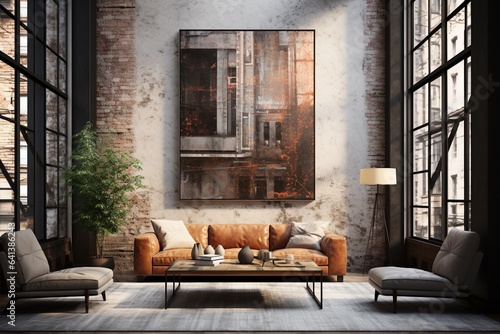 Industrial-Chic Interior, Exposed Brick and Artistic Flair Created with Generative AI © dendyh7