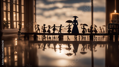 Paper cut figurine in Victorian style, on the background of sweets and food, looks like Mary Poppins photo