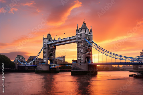 London  United Kingdom. Tower Bridge colored sunrise.