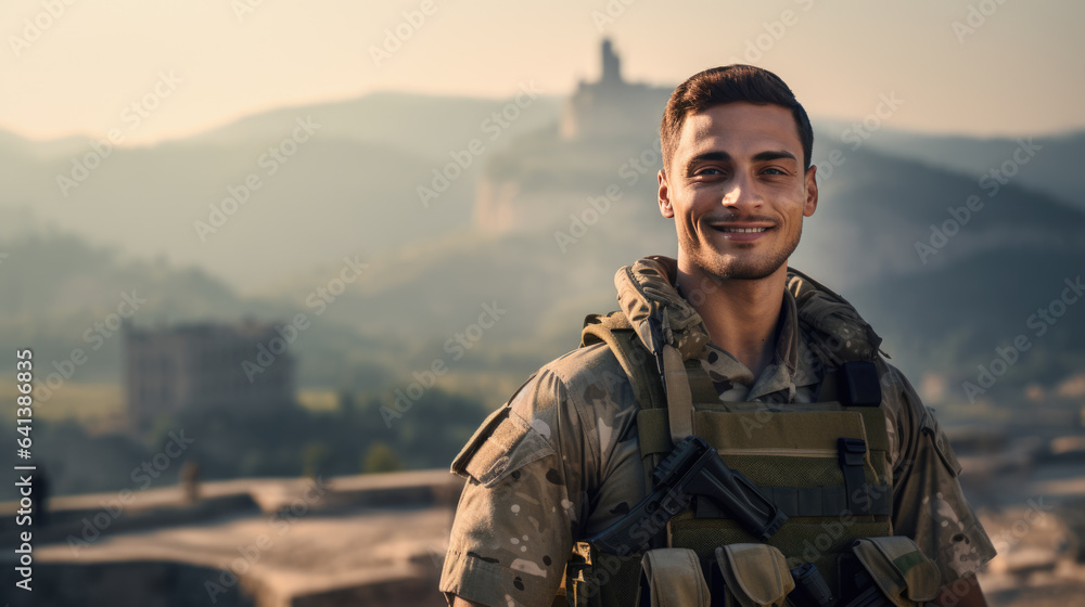Portrait of american male soldier looking at camera. - obrazy, fototapety, plakaty 