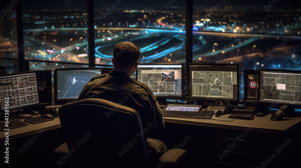 An officer sits in a military command center and monitors data on computer monitors An officer sits in a military command center and monitors data on computer monitors