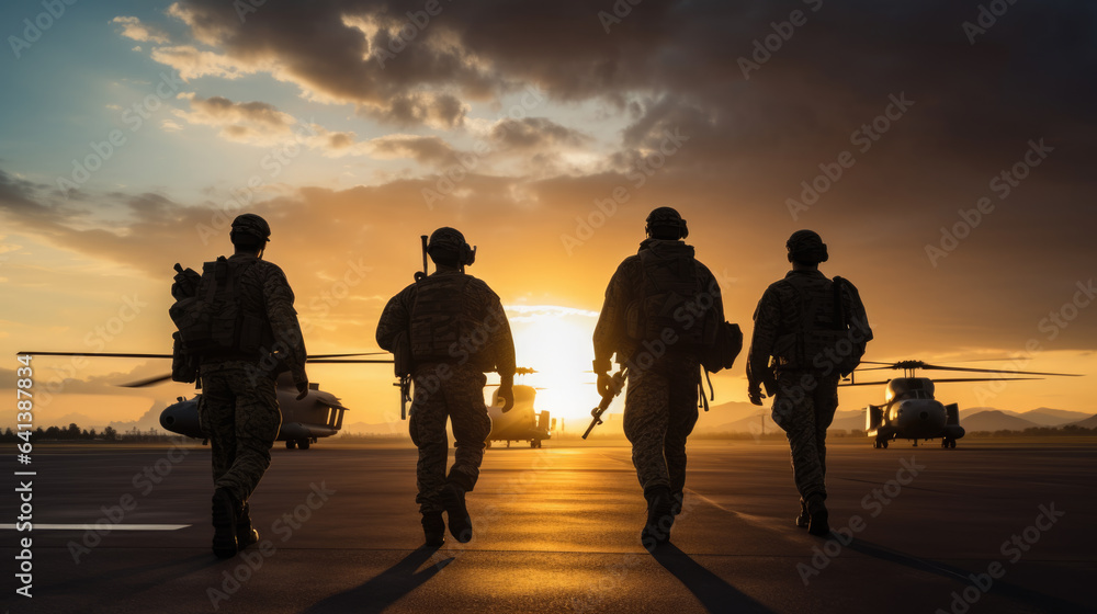 Fototapeta premium Group of military pilots stands in front of a airplane.