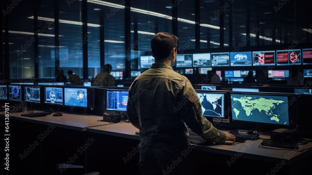 An officer sits in a military command center and monitors data on computer monitors An officer sits in a military command center and monitors data on computer monitors