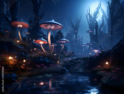 Fantasy landscape with fantasy mushrooms forest and moon. 3d illustration.