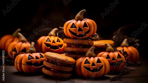 Halloween cookies with pumpkins on dark background. photo