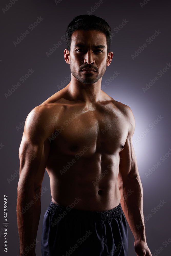 Topless, muscle and portrait of Asian man in dark background for fitness inspiration, beauty aesthetic or healthy body. Shadow aesthetic, male sports model or muscular body builder in studio lighting