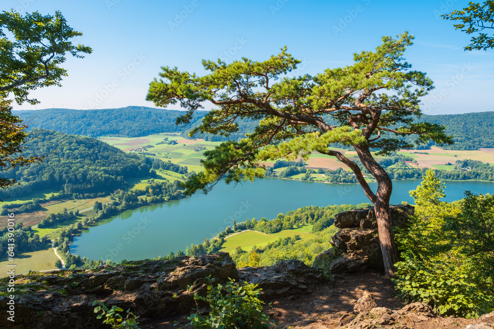 View from the Houbirg down into the valley to the Happurg reservoir in Franconia/Germany