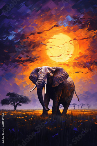 Elefant in Ölfarben mit Sonnenuntergang