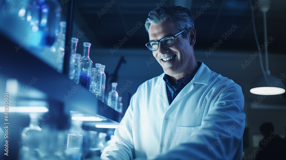 Smiling scientist working in laboratory at night
Smiling scientist working in laboratory at night