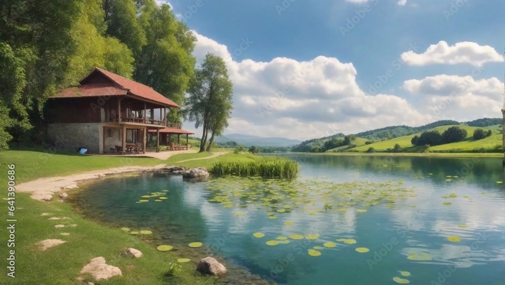 A peaceful lake with grassy ground