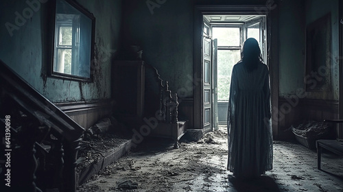 creepy ghost woman in abandoned building Halloween
