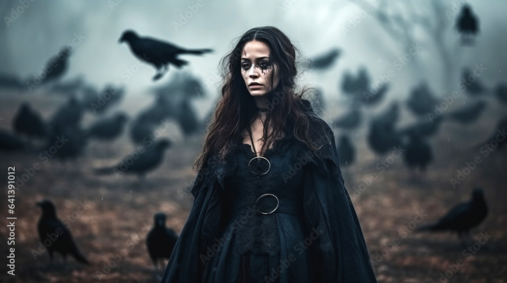 mysterious woman in black gothic dress surrounded by ravens mysterious woman in black gothic dress surrounded by ravens