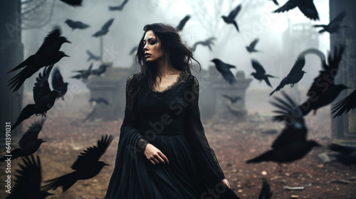 mysterious woman in black gothic dress surrounded by ravens