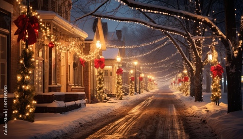 Photo of a festive winter wonderland with snow-covered streets and dazzling Christmas lights