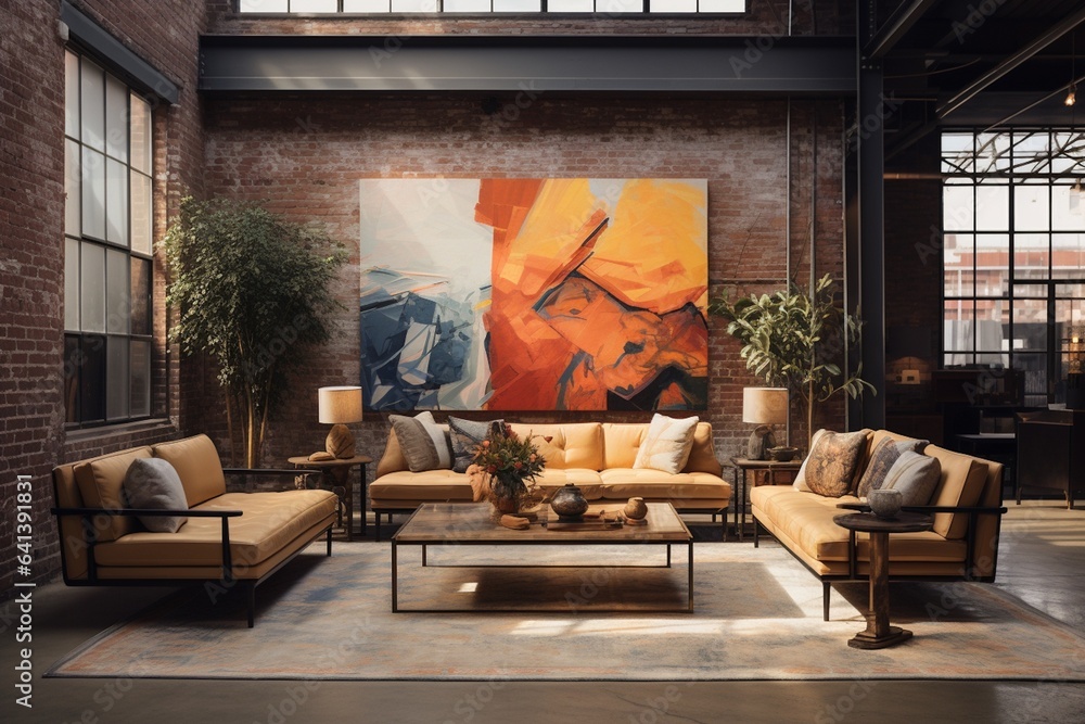 Industrial-Chic Interior, Exposed Brick and Artistic Flair Created with Generative AI Industrial-Chic Interior, Exposed Brick and Artistic Flair Created with Generative AI