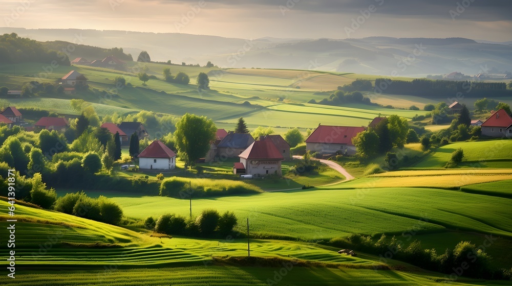 Malerische Landschaft mit Feldern und charmanten Hütten