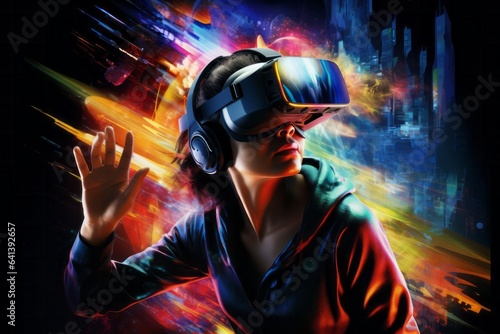 Futuristic modern technology woman in virtual reality game glasses in neon lights on dark background