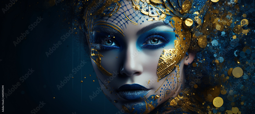 Portrait of a beautiful woman with blue and gold makeup. Fashion art
