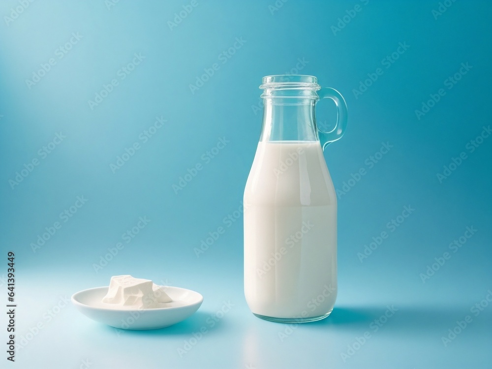 Bottle of tasty milk and fresh cheese on light table Bottle of tasty milk and fresh cheese on light table