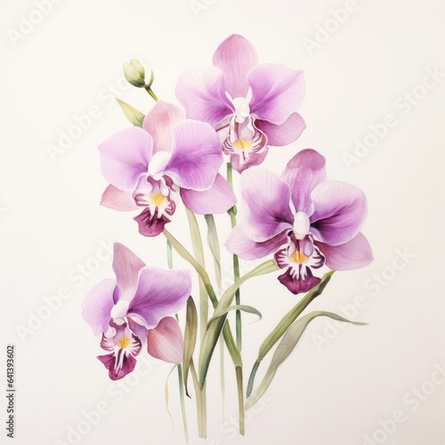 Pink violet purple watercolour orchid phalaenopsis flower painting on white background. Floral blossom concept