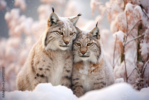 A loving couple of lynxes in the winter in the forest © Venka