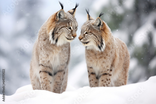 A loving couple of lynxes in the winter in the forest