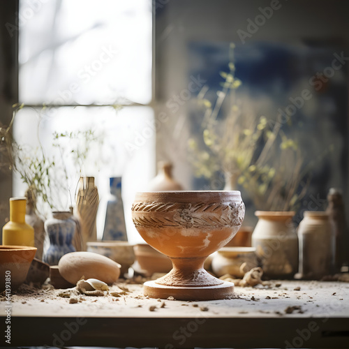 A pottery centerpiece from SereneSpaces, creating serene environments, photographed with a wide-angle lens at f 4 Generative AI photo