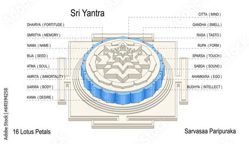The Ten Organs of Perception and Action. The Five Elements.
Sri Yantra for Increasing Abundance. A Vastu Rectification Tool. Sri Vidya Devotional Item for your Altar.  Sri Chakra. Vastu Pyramid Sherri