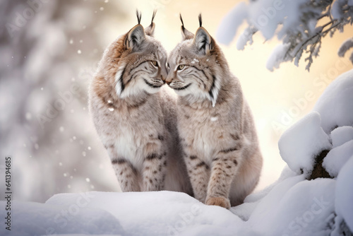 A loving couple of lynxes in the winter in the forest