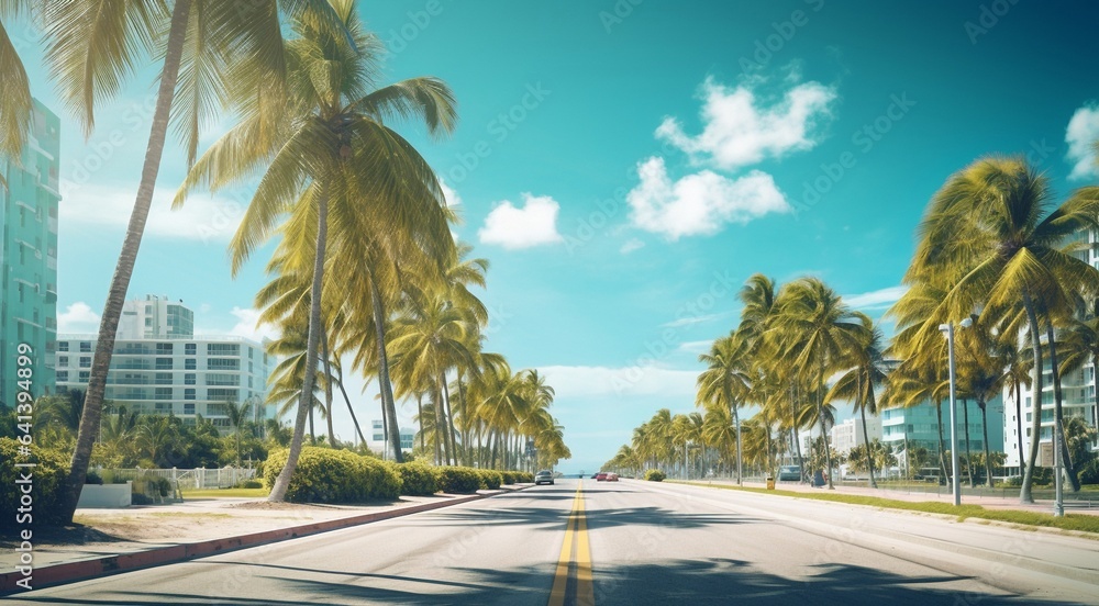 miami beach scene, miami street with palms, palms in the miami - obrazy, fototapety, plakaty 