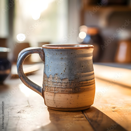 A pottery mug from MorningBliss, capturing the essence of mornings, photographed with a prime lens at f 1.4 Generative AI photo