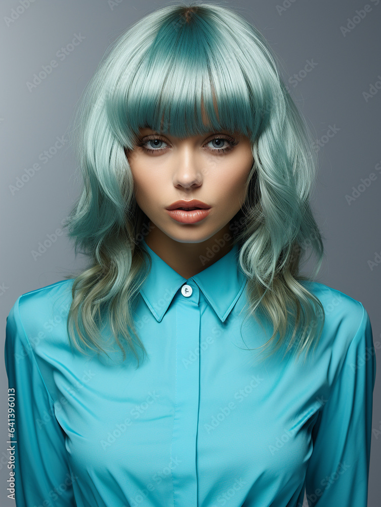 Hübsche Frau mit gefärbten und gelockten Haar türkis mit modernster Frisur und edlen Visagistik Make up als Poster Nahaufnahme, ai generativ