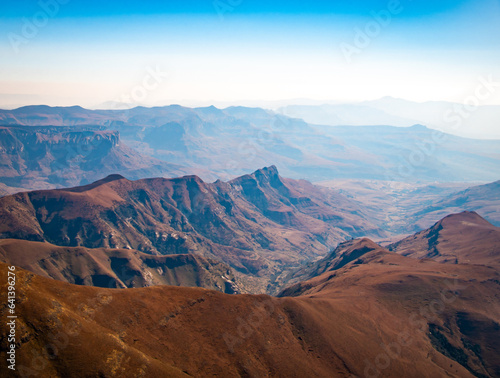 Aerial view of Cathedral Peak in Drakensberg mountains, at the Lesotho border in KwaZulu-Natal province, South Africa