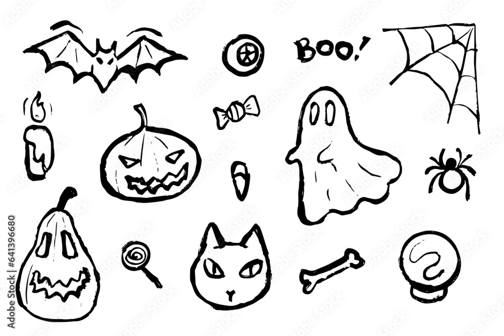 Fototapeta premium Halloween hand drawn set. Illustration of cute witch, ghost, pumpkin, vampire, cat, bat, spider. Simple brush stroke elements. 
