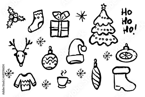 Christmas elements vector set in hand drawing brush style. Winter holidays doodle. Simple illustration of Christmas decoration. 