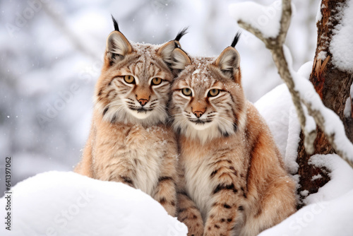 A loving couple of lynxes in the winter in the forest © Veniamin Kraskov