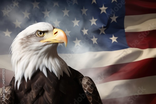 Eagle and The Stars and Stripes Banner with Copy Space Concept for American Liberty, Powerful Symbols, and Patriotic Loyalty  - Generative AI