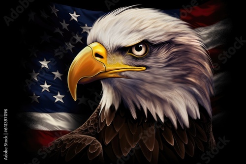 Proud Bald Eagle Beside Flag Concept for American Pride, July Independence, and National Wildlife  - Generative AI