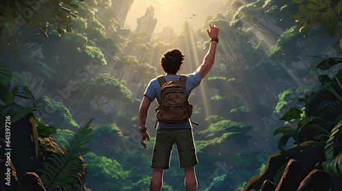 Male hiker, full body, view from behind, standing in the jungle with raised arms, hands clenched into fist