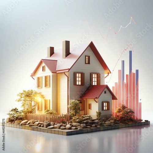 a small house and financial chart, rising real estate prices