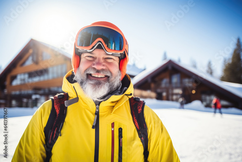 Happy middle aged skier with sunglasses and ski equipment in ski resort on Bukovel, winter holiday concept. © Jasmina