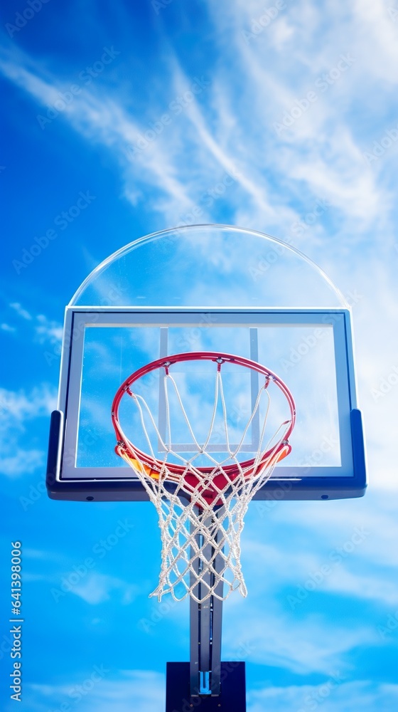 basketball basket on blue sky background, close up shot, generative AI